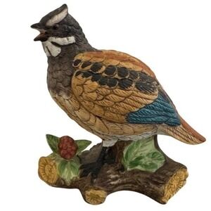 Norcrest Ceramic Quail Bird Figurine on Log with Berries Hand Painted Taiwan